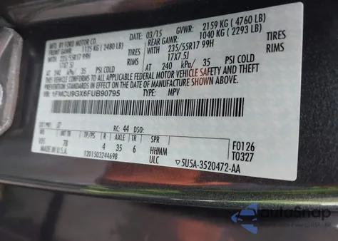 2015 Ford Escape Se z USA, uszkodzony, nr VIN 1FMCU9GX6FUB90795